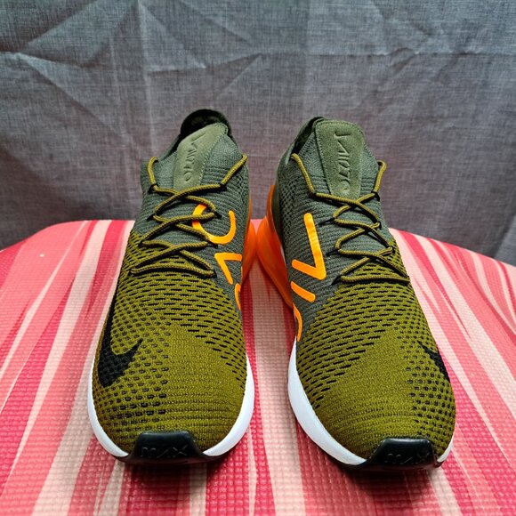 Nike Air Max 270 Flyknit Men 10.5 Olive Green Orange Men's Athletic Sneakers - Picture 2 of 14